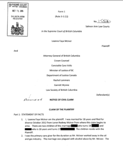 Notice Of Civil Claim To The Supreme Court By Leanne McIvor Oct 15 2015