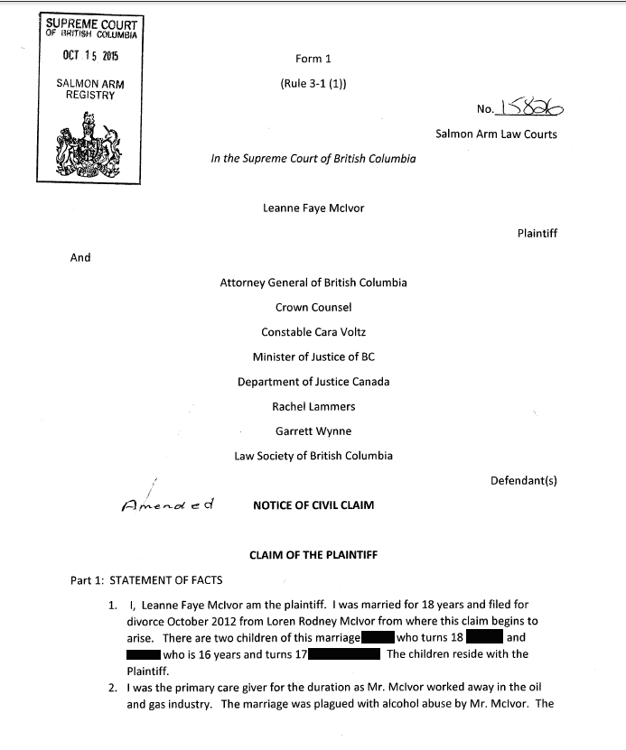 Notice Of Civil Claim To The Supreme Court By Leanne McIvor Oct 15 2015 