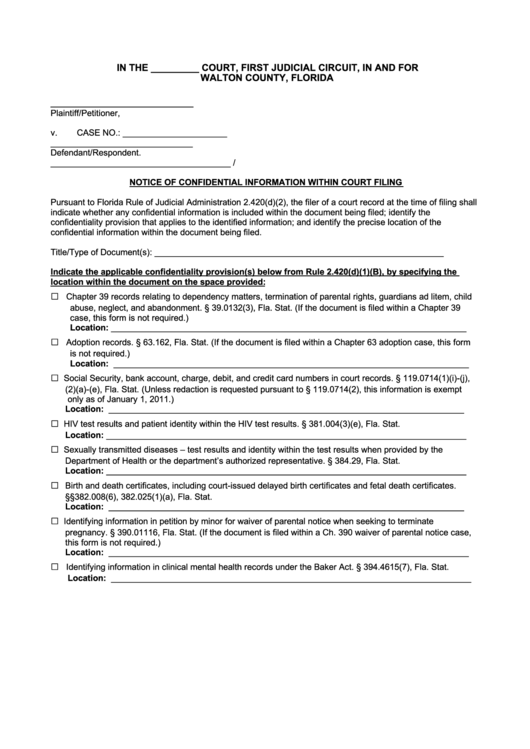 Notice Of Confidential Information Within Court Filing Form First 