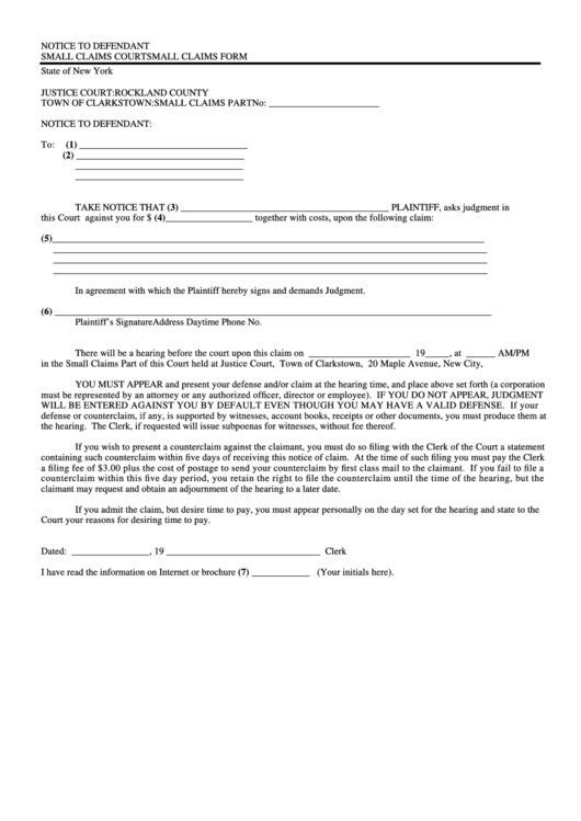 Ny Small Claims Form Printable Pdf Download