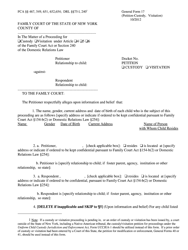 Nys General Form 17 Petition Custody Visitation Fill Out And Sign 