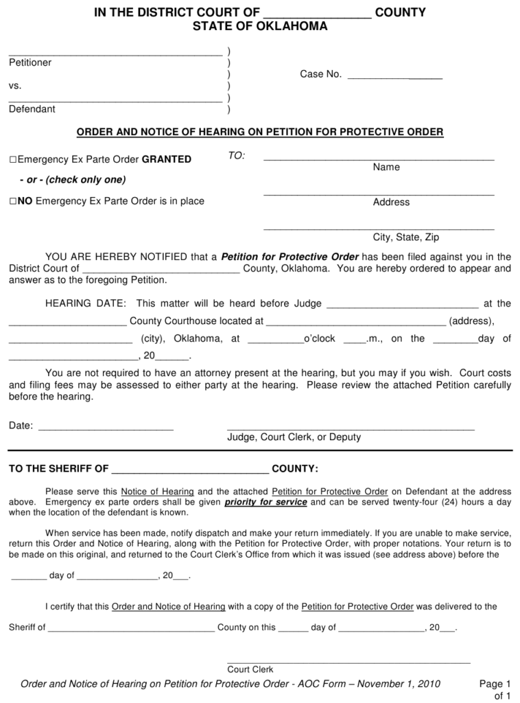 Oklahoma Order And Notice Of Hearing On Petition For Protective Order