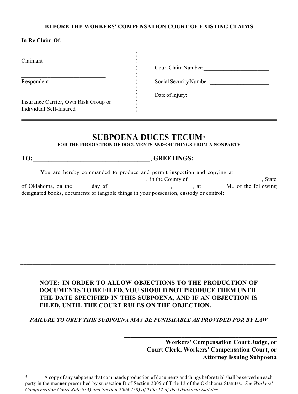 Oklahoma Subpoena Duces Tecum Download Fillable PDF Templateroller