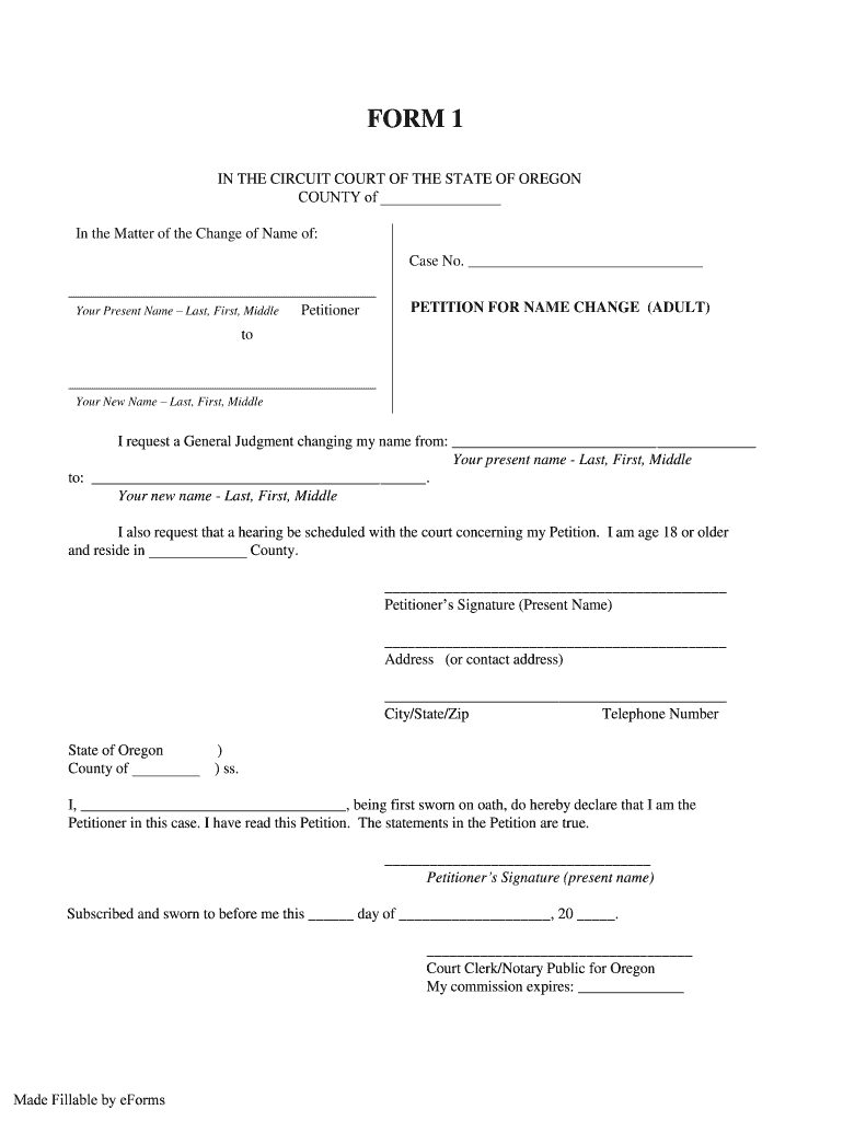 OR Form 1 Petition For Name Change Adult Complete Legal Document 