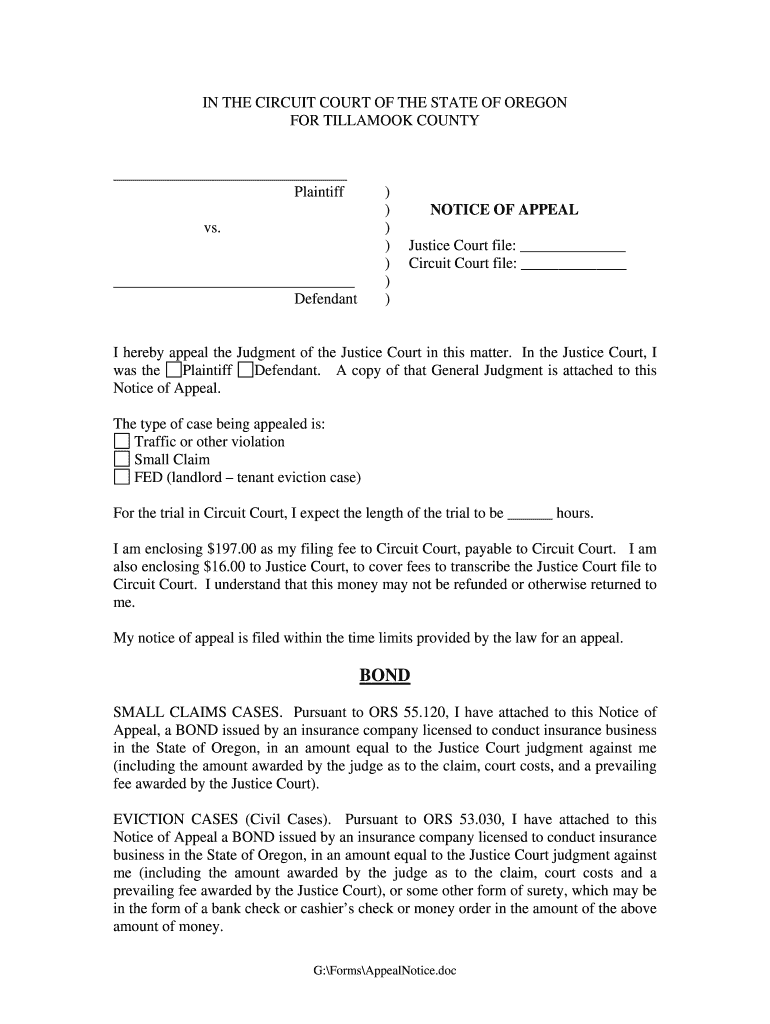 OR Notice Of Appeal Tillamook County Complete Legal Document Online 