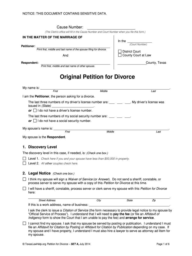 Original Petition For Divorce Fill Online Printable Fillable Blank 