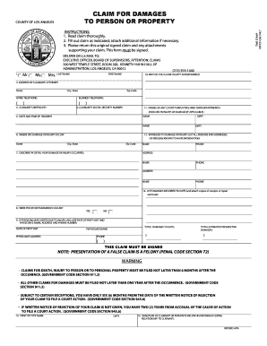 Pdf Fillable Los Angeles County Claim For Damages To Person Or Property 