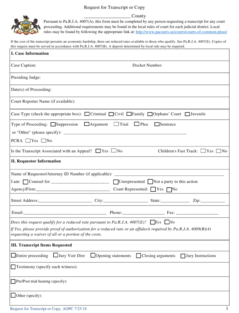 Pennsylvania Request For Transcript Or Copy Download Fillable PDF 