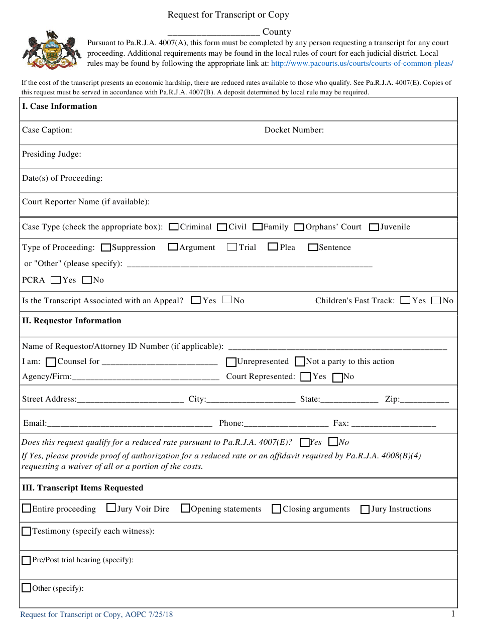 Pennsylvania Request For Transcript Or Copy Download Fillable PDF 