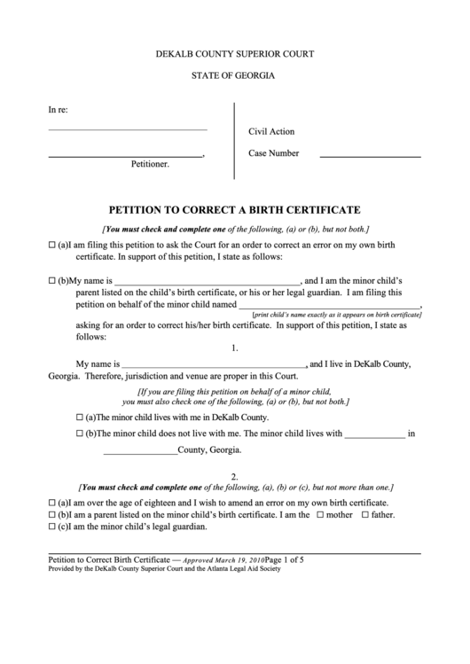 Petition To Correct A Birth Certificate Form Dekalb County Superior 