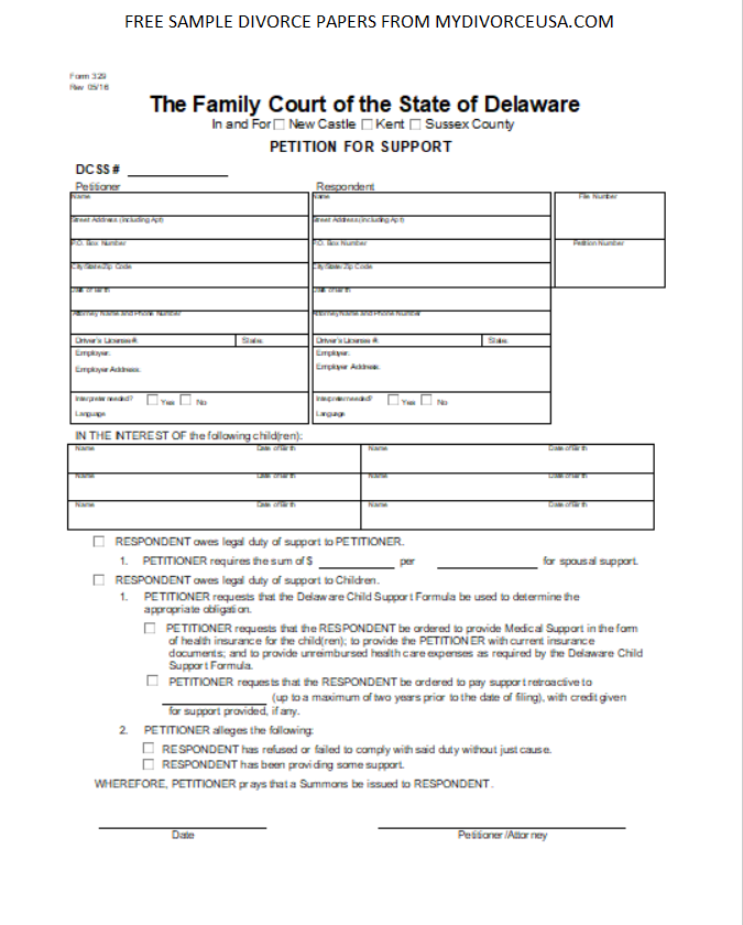 Printable Online Delaware Divorce Papers Instructions