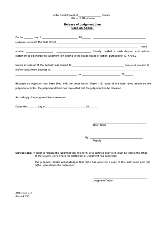 Release Of Judgement Lien Case Of Appeal Printable Pdf Download