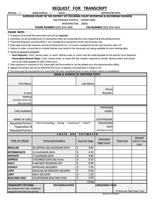 Request For Transcript Superior Court Of The District Of Columbia 