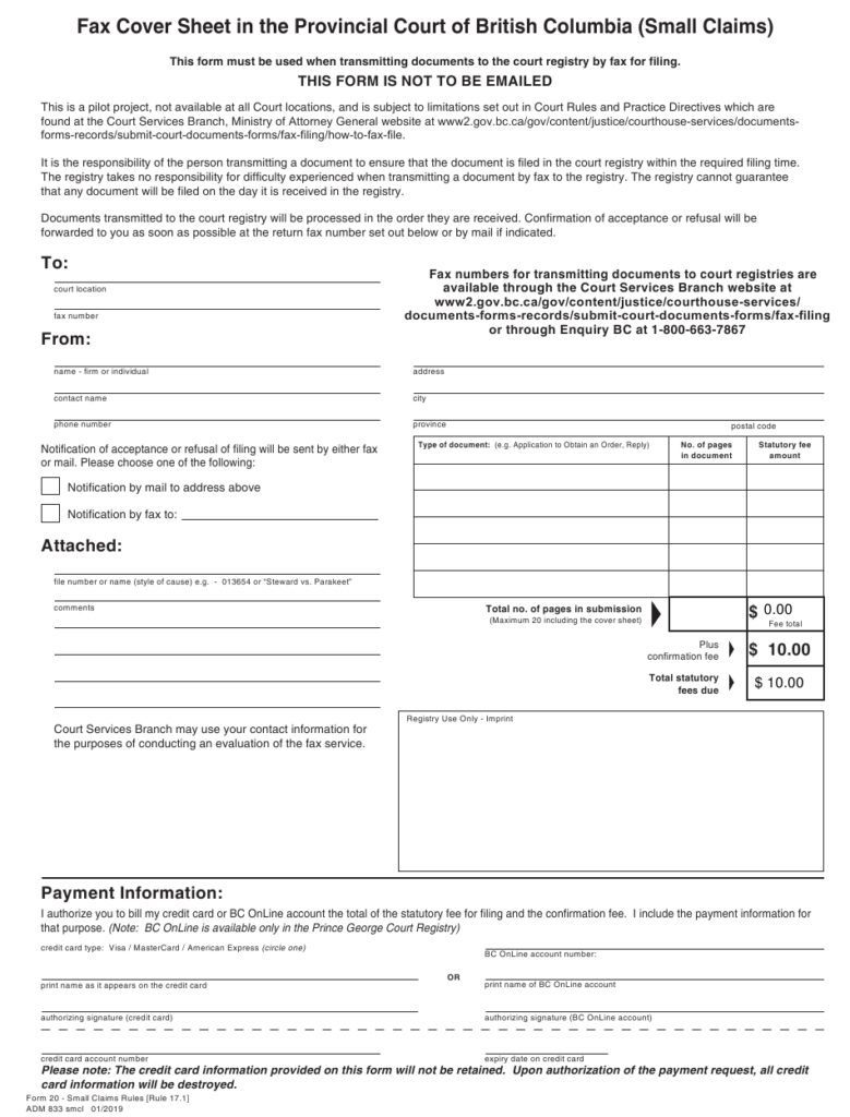 SCR Form 20 ADM833 Download Fillable PDF Or Fill Online Fax Cover