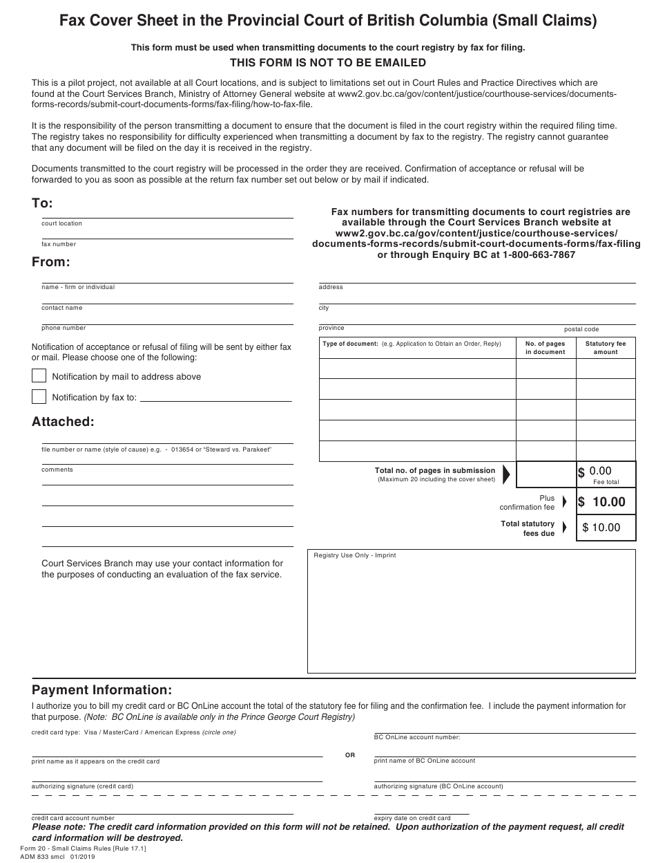 SCR Form 20 ADM833 Download Fillable PDF Or Fill Online Fax Cover 