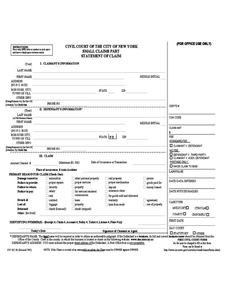 Statement Of Claim Form New York Free Download