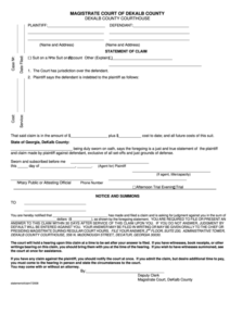 Statement Of Claim Magistrate Court Of Dekalb County Printable Pdf