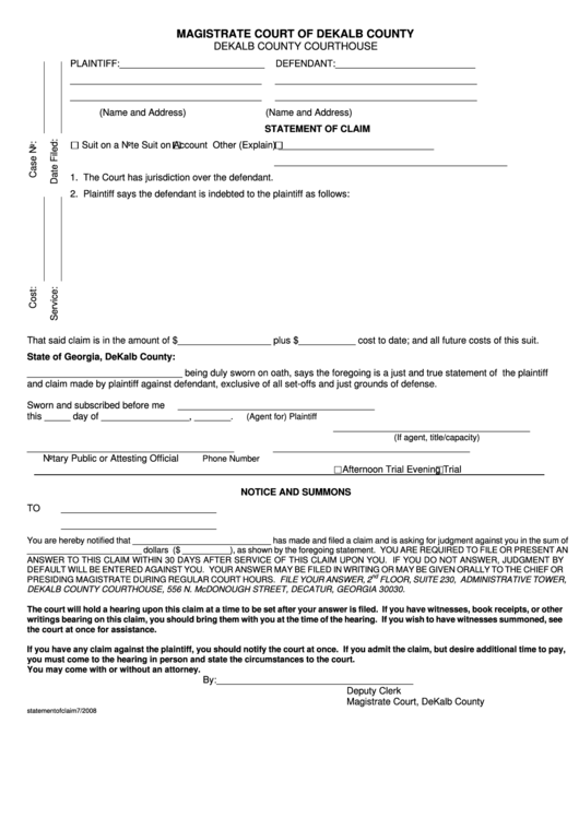 Statement Of Claim Magistrate Court Of Dekalb County Printable Pdf 