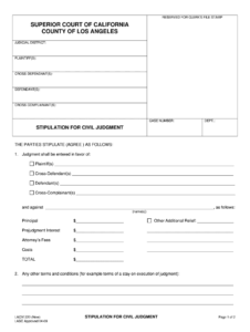 Stipulation For Civil Judgment Los Angeles Superior Court Fill Out