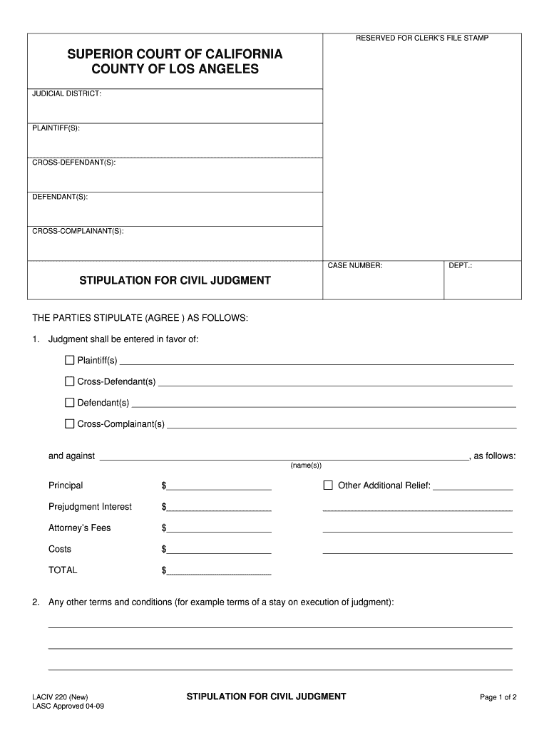 Stipulation For Civil Judgment Los Angeles Superior Court Fill Out 