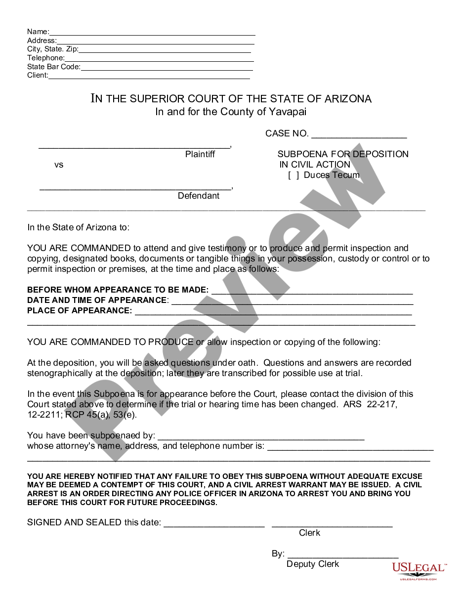 Subpoena For Deposition In Arizona For Use In An Civil Action Pending 