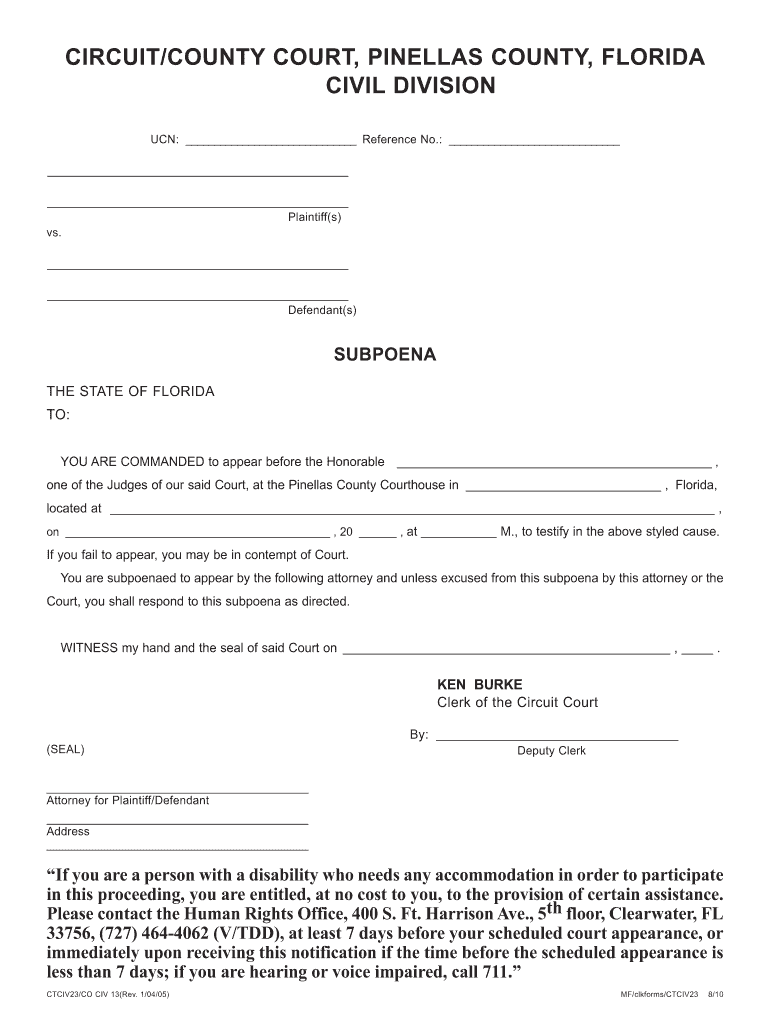 Subpoena Pinellas County Fill Online Printable Fillable Blank 