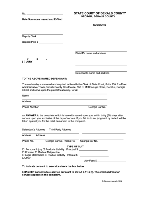 Summons State Court Of Dekalb County Printable Pdf Download