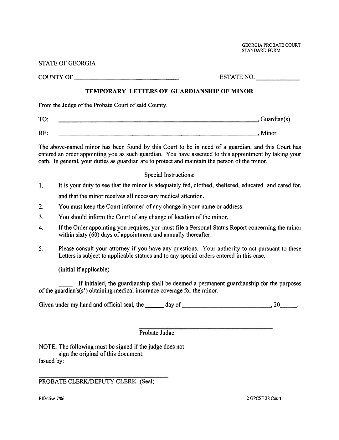 Temporary Legal Guardianship Form Georgia Free Download