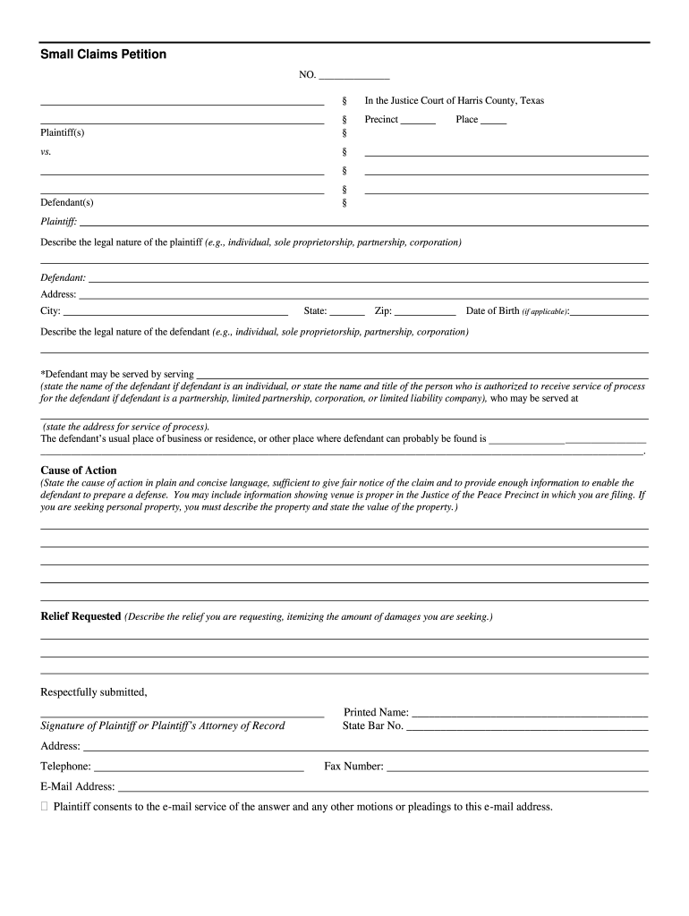 Texas Small Claims Petition Form Fill Out And Sign Printable PDF