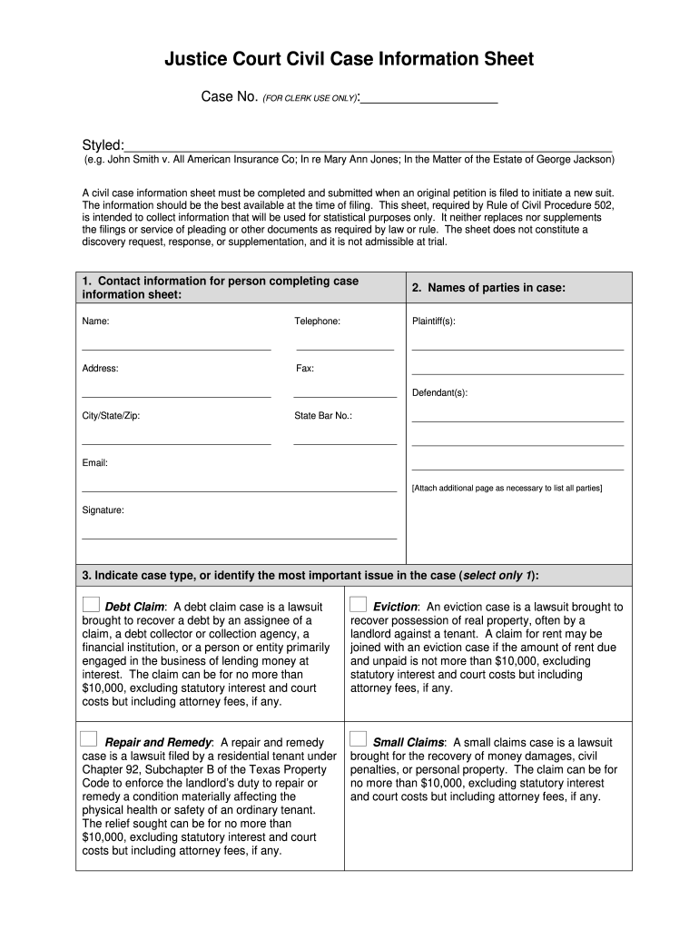 TX Justice Court Civil Case Information Sheet Chambers County 