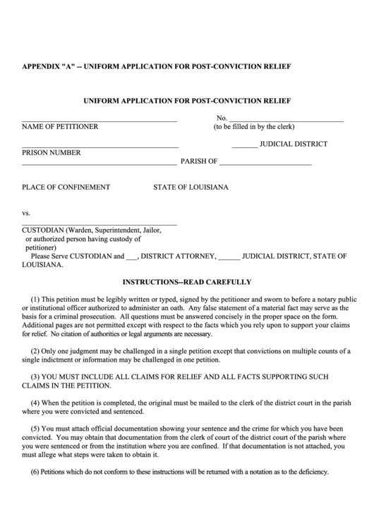 Uniform Application For Post Conviction Relief State Of Louisiana 