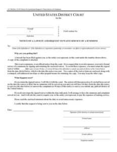 USA Notice Of Lawsuit And Request To Waive Service Of Summons Form