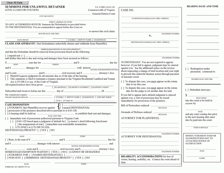 Virginia Official Summons For Unlawful Detainer EZ Landlord Forms