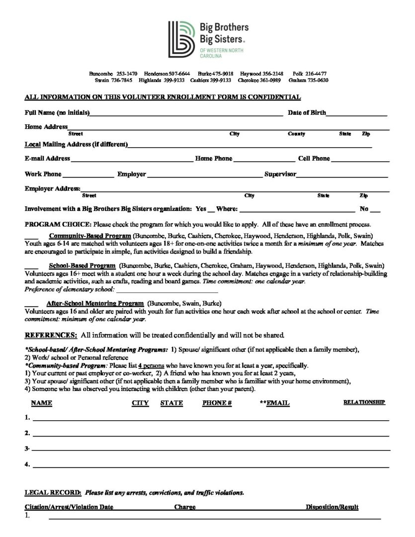 Volunteer Enrollment Form Uploaded 9 20 Big Brothers Big Sisters Of 