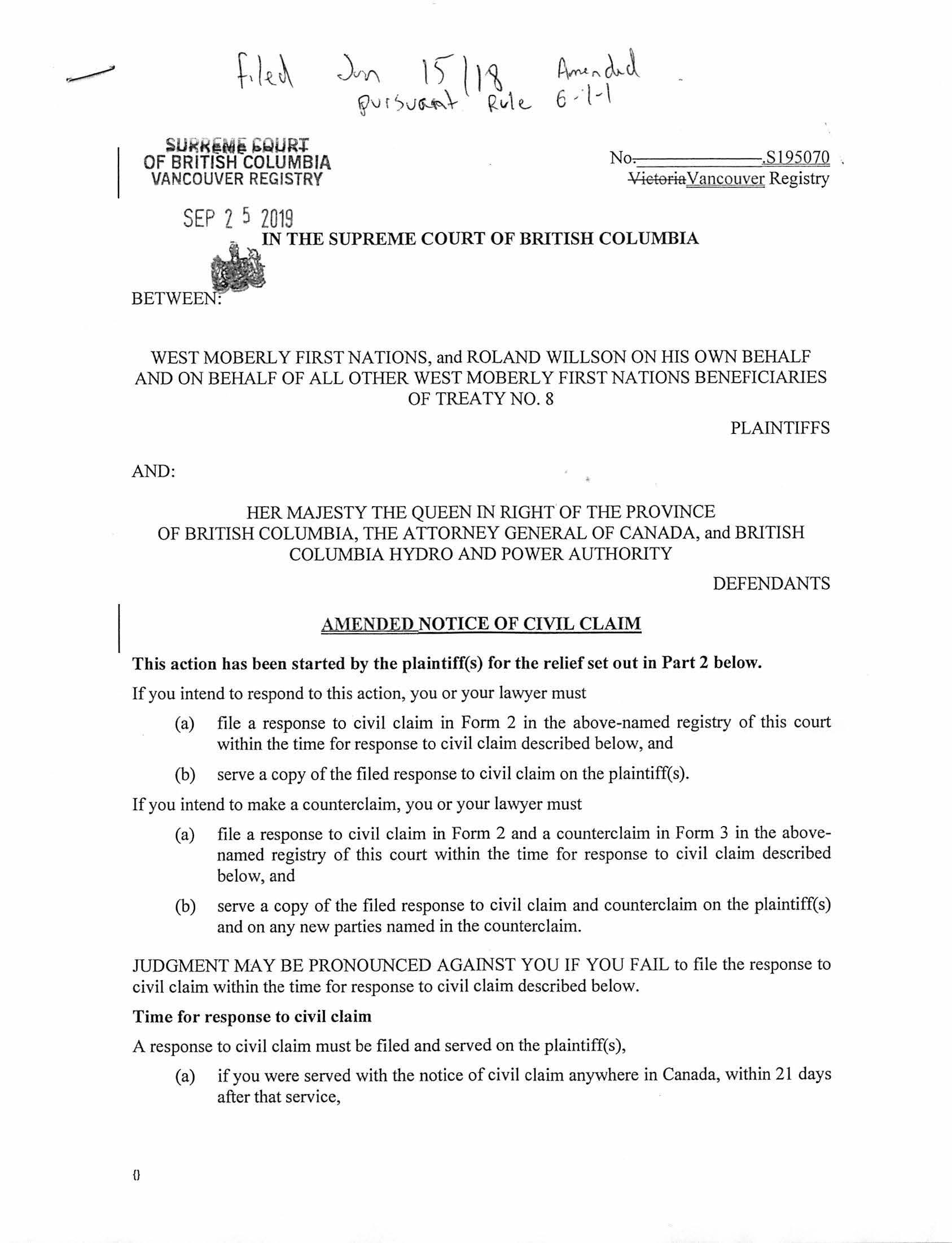 West Moberly s Amended Notice Of Civil Claim Issuu